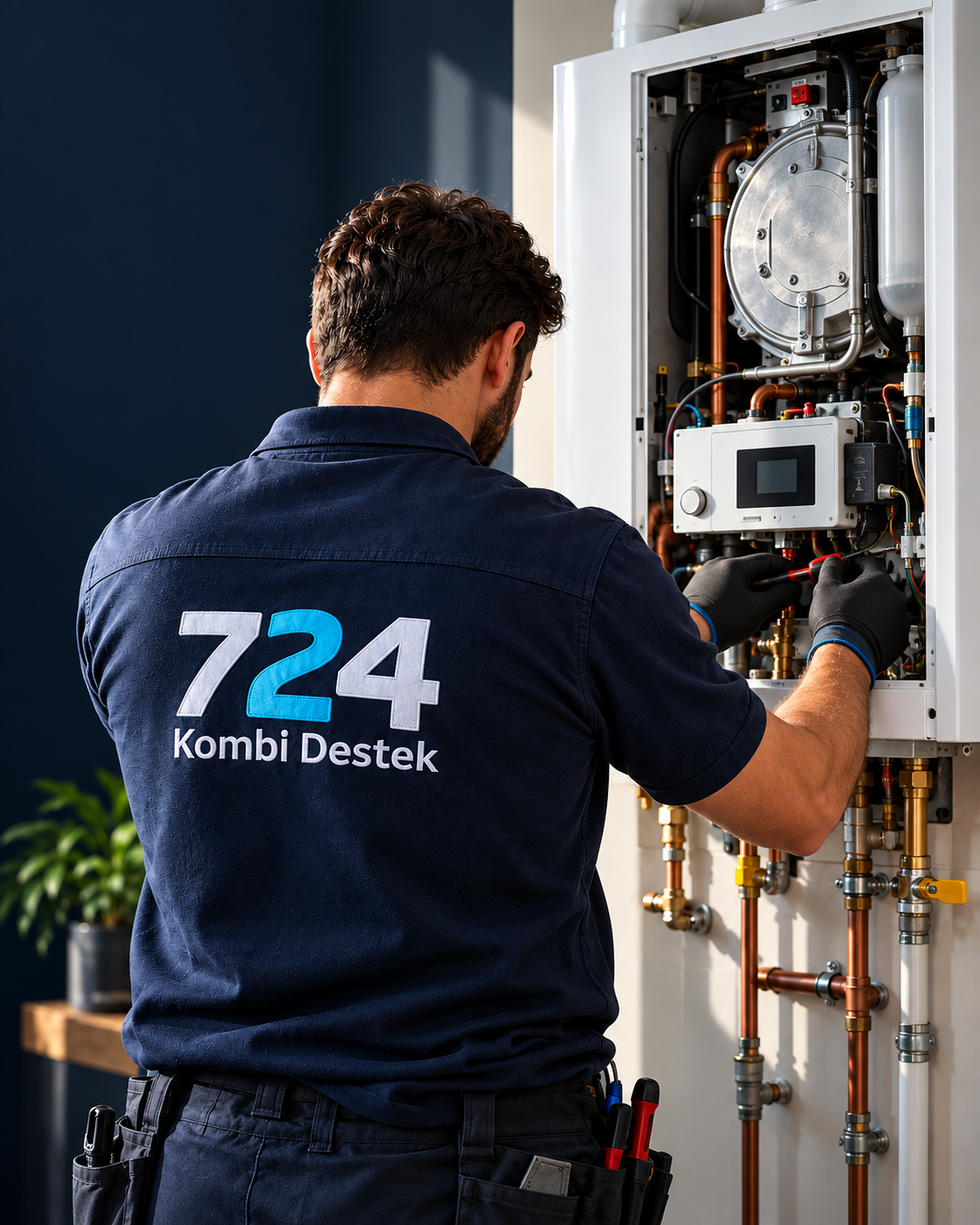 724 Kombi Destek yazılı üniformasıyla teknisyen açık kombinin içini kontrol ediyor